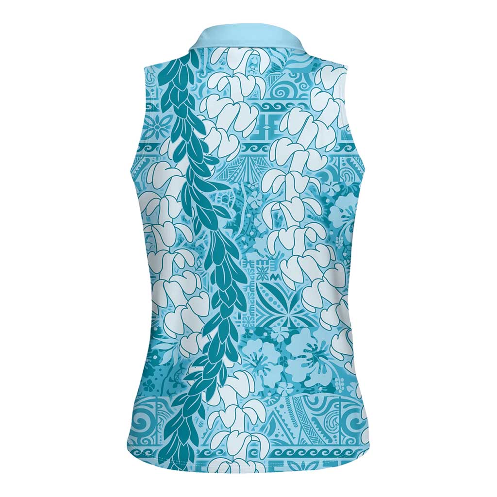 Blue Puakenikeni and Maile Lei Women Sleeveless Polo Shirt Hawaiian Style Tribal Tapa Double Strand Lei LT9 - Polynesian Pride