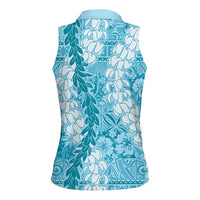 Blue Puakenikeni and Maile Lei Women Sleeveless Polo Shirt Hawaiian Style Tribal Tapa Double Strand Lei LT9 - Polynesian Pride
