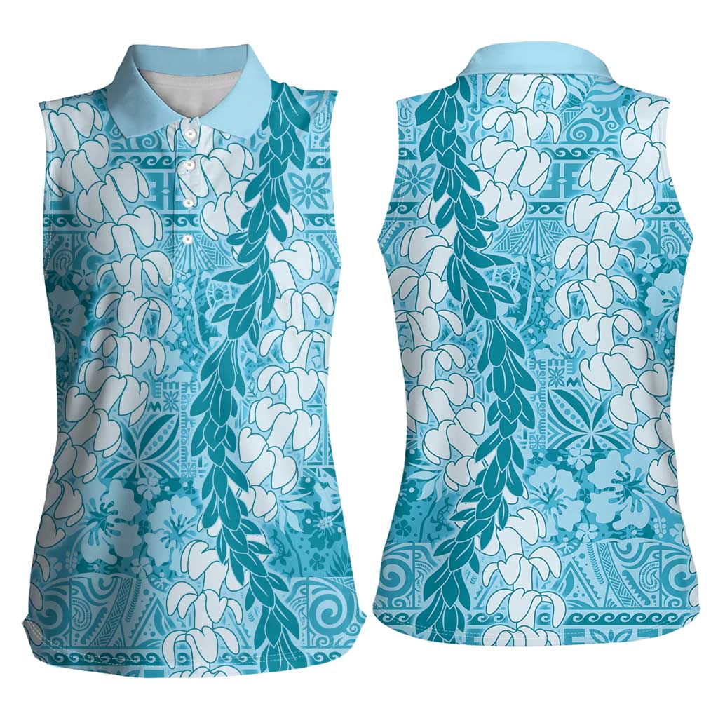 Blue Puakenikeni and Maile Lei Women Sleeveless Polo Shirt Hawaiian Style Tribal Tapa Double Strand Lei LT9 - Polynesian Pride