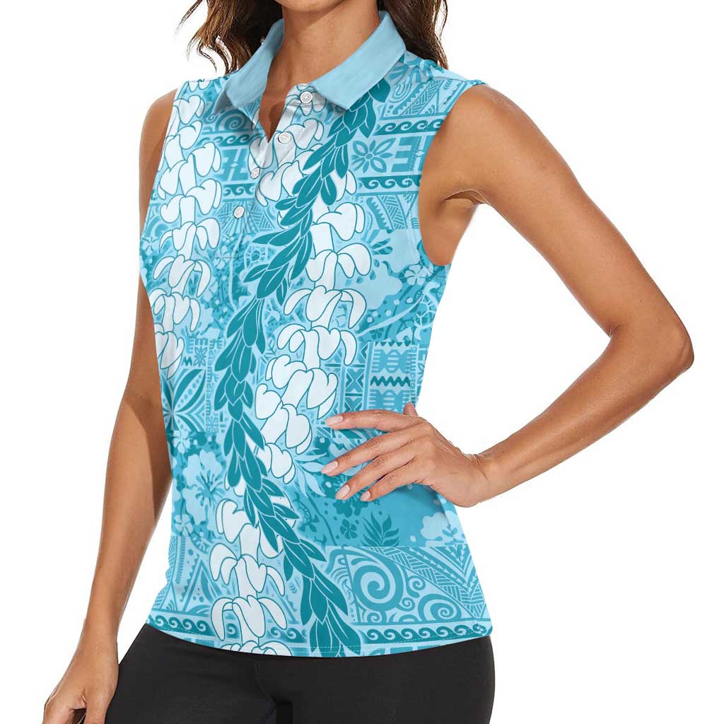 Blue Puakenikeni and Maile Lei Women Sleeveless Polo Shirt Hawaiian Style Tribal Tapa Double Strand Lei LT9 - Polynesian Pride