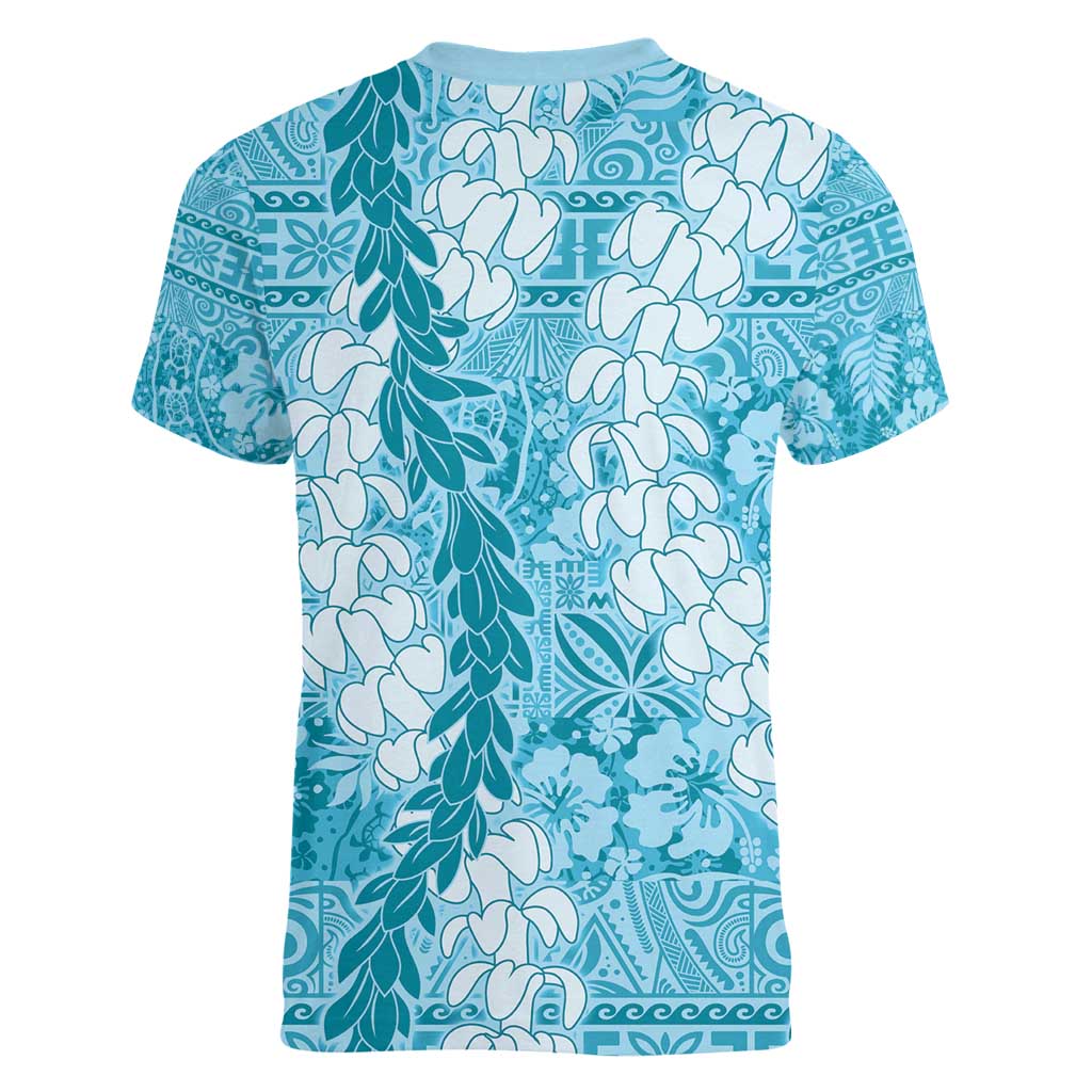 Blue Puakenikeni and Maile Lei Women V-Neck T-Shirt Hawaiian Style Tribal Tapa Double Strand Lei