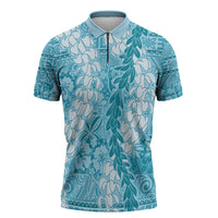 Blue Puakenikeni and Maile Lei Zipper Polo Shirt Hawaiian Style Tribal Tapa Double Strand Lei LT9 Blue - Polynesian Pride