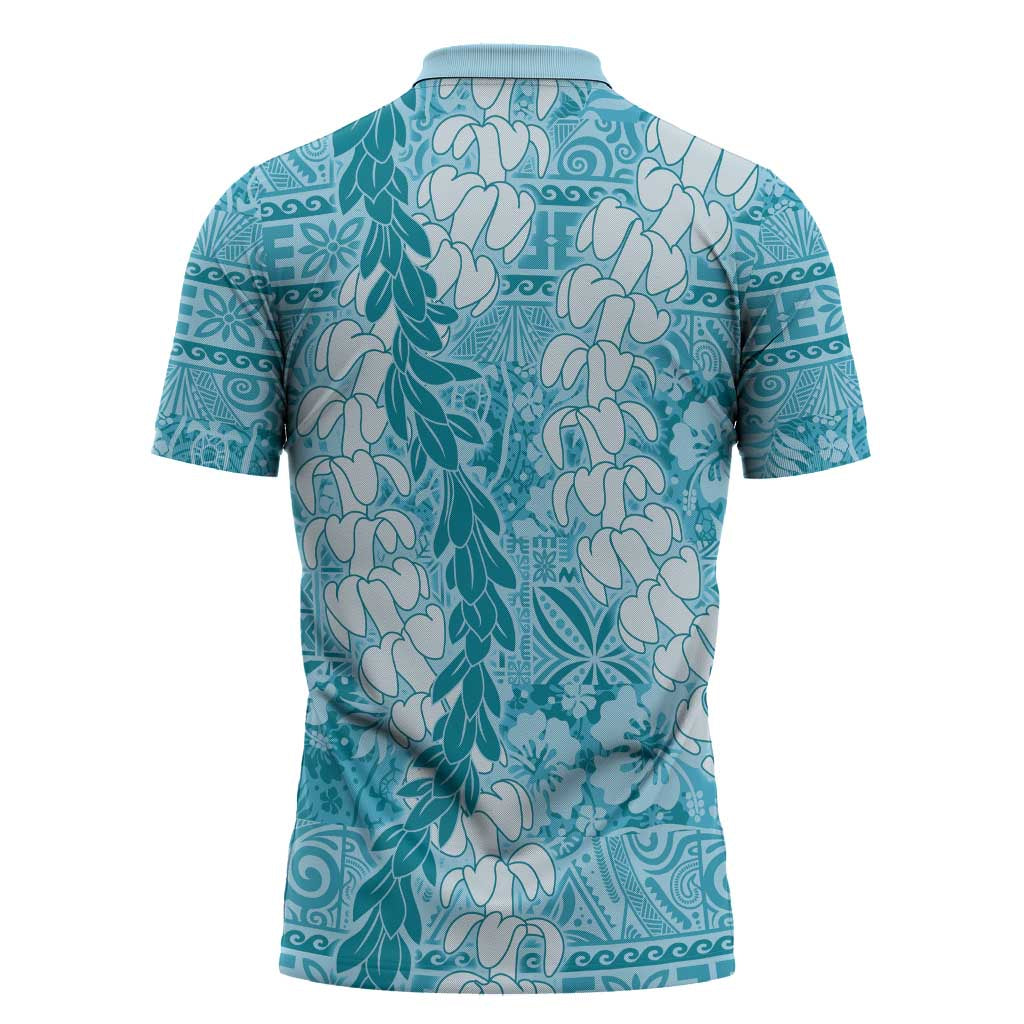 Blue Puakenikeni and Maile Lei Zipper Polo Shirt Hawaiian Style Tribal Tapa Double Strand Lei LT9 - Polynesian Pride