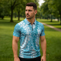Blue Puakenikeni and Maile Lei Zipper Polo Shirt Hawaiian Style Tribal Tapa Double Strand Lei LT9 - Polynesian Pride