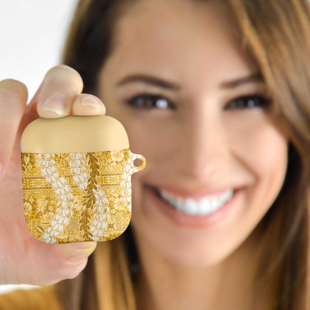 Gold Puakenikeni and Maile Lei AirPods Case Hawaiian Style Tribal Tapa Double Strand Lei - Polynesian Pride