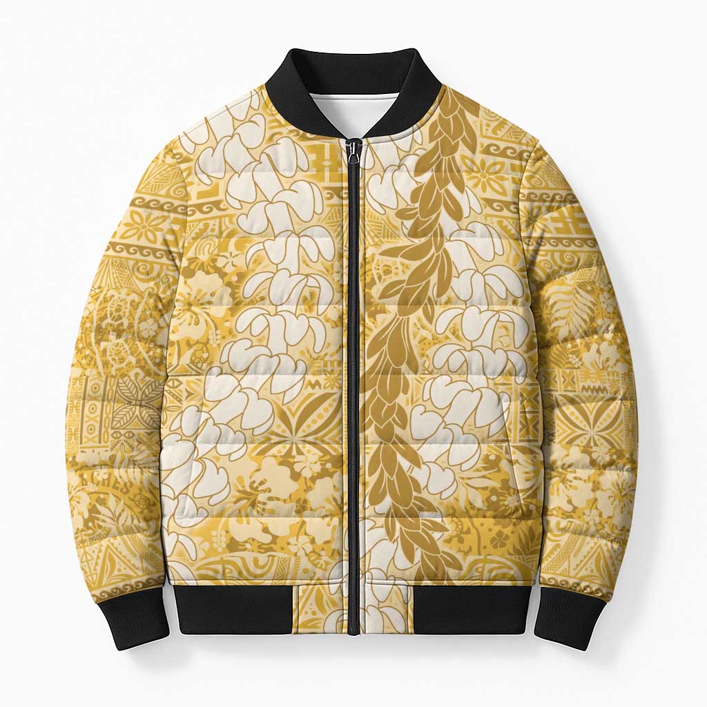 Gold Puakenikeni and Maile Lei Bomber Puffer Jacket Hawaiian Style Tribal Tapa Double Strand Lei - Polynesian Pride