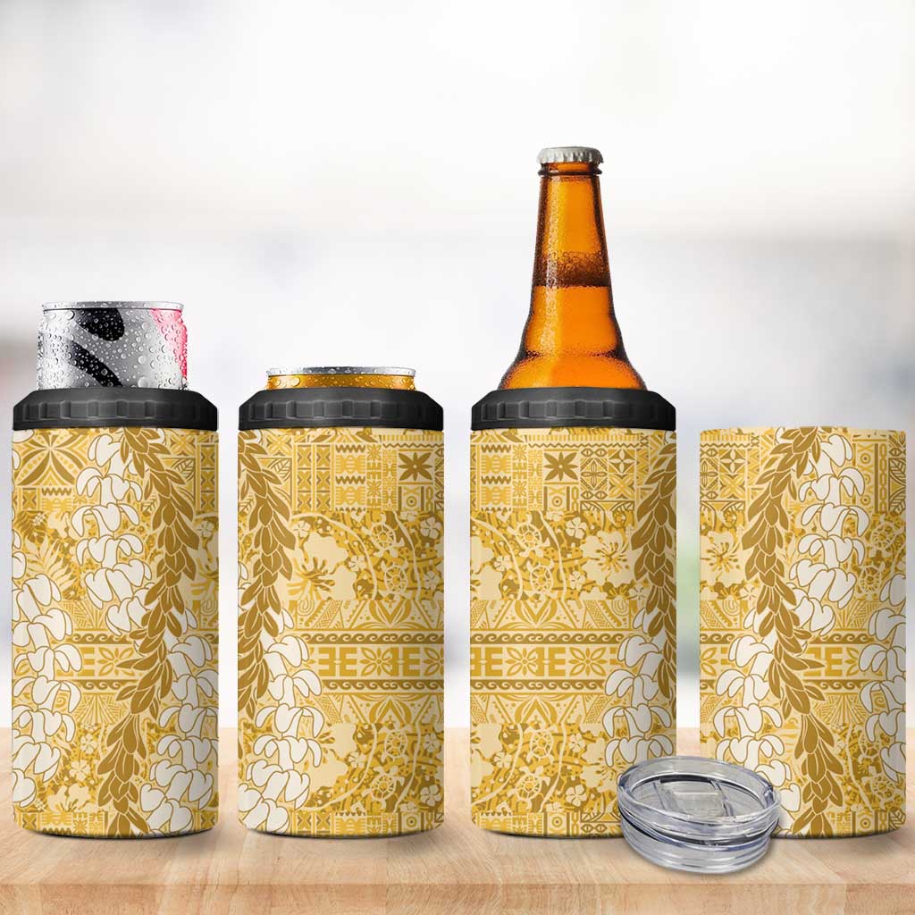 Gold Puakenikeni and Maile Lei 4 in 1 Can Cooler Tumbler Hawaiian Style Tribal Tapa Double Strand Lei LT9 - Polynesian Pride