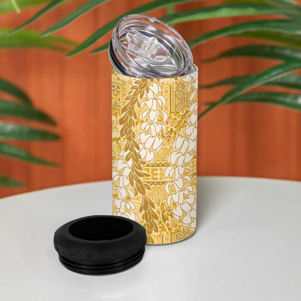 Gold Puakenikeni and Maile Lei 4 in 1 Can Cooler Tumbler Hawaiian Style Tribal Tapa Double Strand Lei LT9 - Polynesian Pride