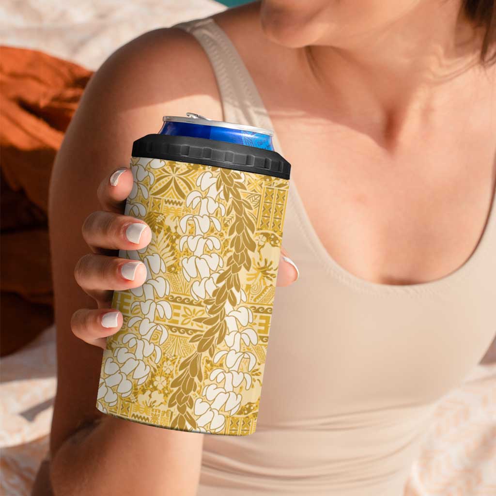 Gold Puakenikeni and Maile Lei 4 in 1 Can Cooler Tumbler Hawaiian Style Tribal Tapa Double Strand Lei LT9 - Polynesian Pride