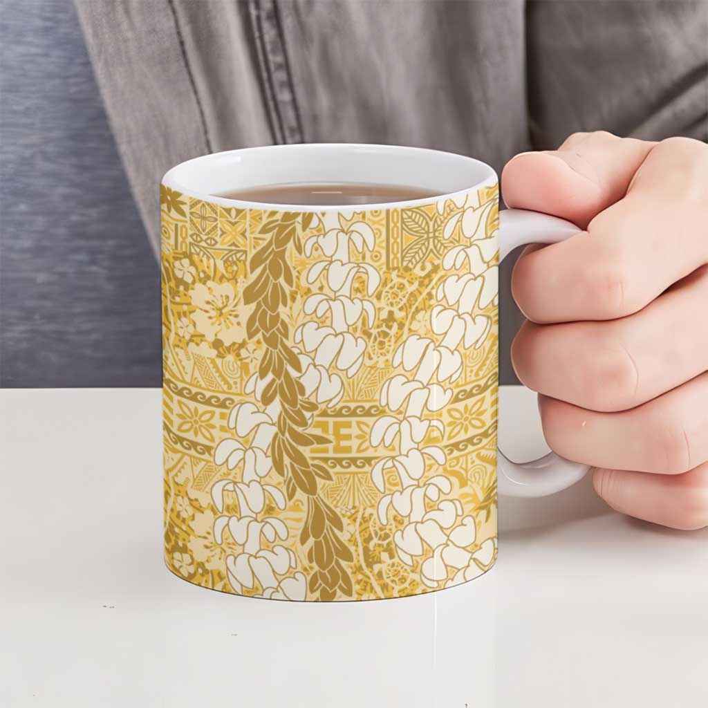 Gold Puakenikeni and Maile Lei Ceramic Mug Hawaiian Style Tribal Tapa Double Strand Lei - Polynesian Pride