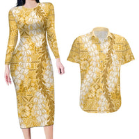 Gold Puakenikeni and Maile Lei Couples Matching Long Sleeve Bodycon Dress and Hawaiian Shirt Hawaiian Style Tribal Tapa Double Strand Lei LT9 Gold - Polynesian Pride