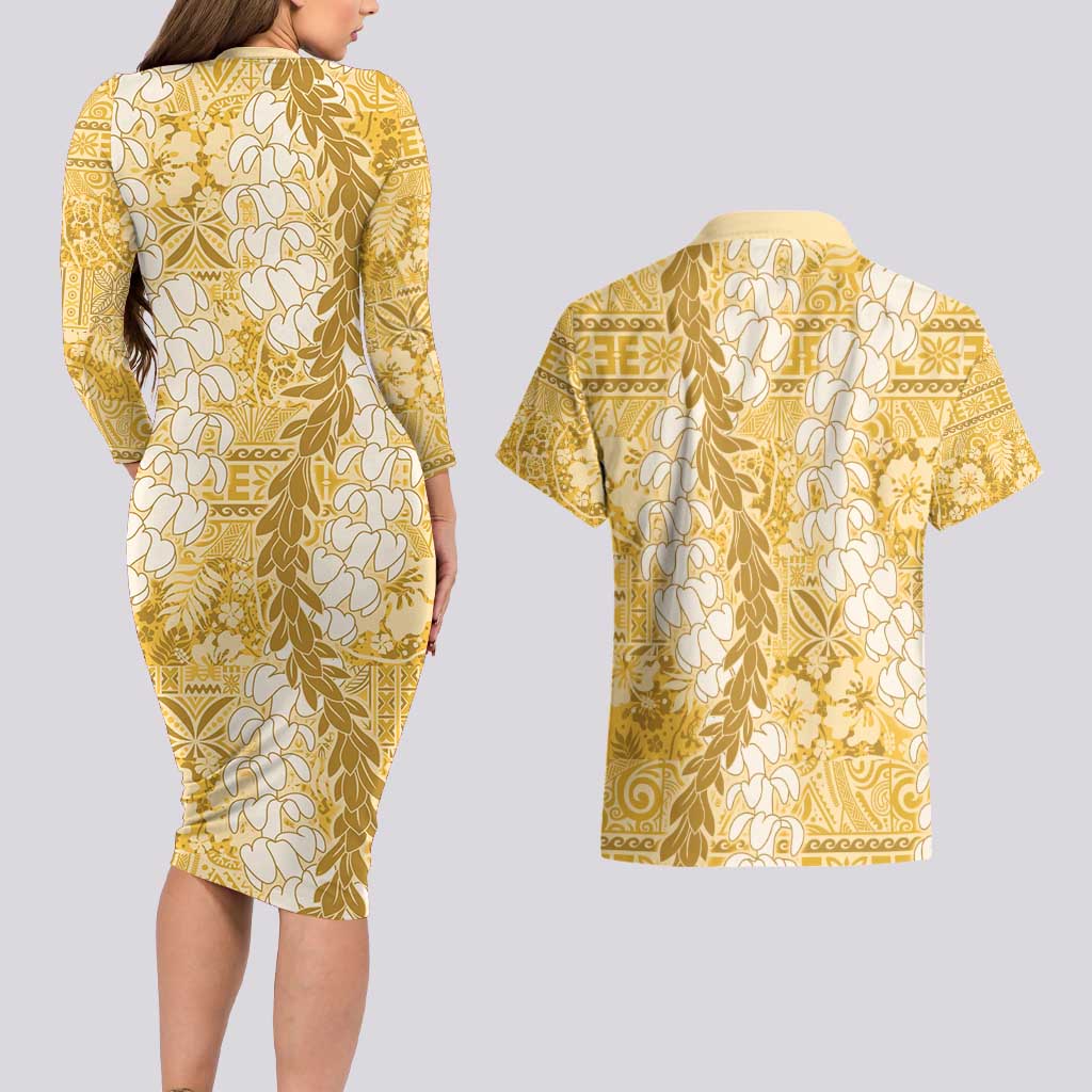 Gold Puakenikeni and Maile Lei Couples Matching Long Sleeve Bodycon Dress and Hawaiian Shirt Hawaiian Style Tribal Tapa Double Strand Lei LT9 - Polynesian Pride