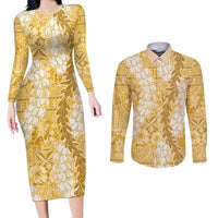 Gold Puakenikeni and Maile Lei Couples Matching Long Sleeve Bodycon Dress and Long Sleeve Button Shirt Hawaiian Style Tribal Tapa Double Strand Lei LT9 Gold - Polynesian Pride