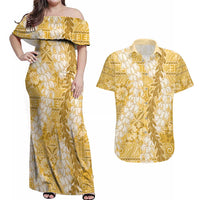 Gold Puakenikeni and Maile Lei Couples Matching Off Shoulder Maxi Dress and Hawaiian Shirt Hawaiian Style Tribal Tapa Double Strand Lei LT9 Gold - Polynesian Pride