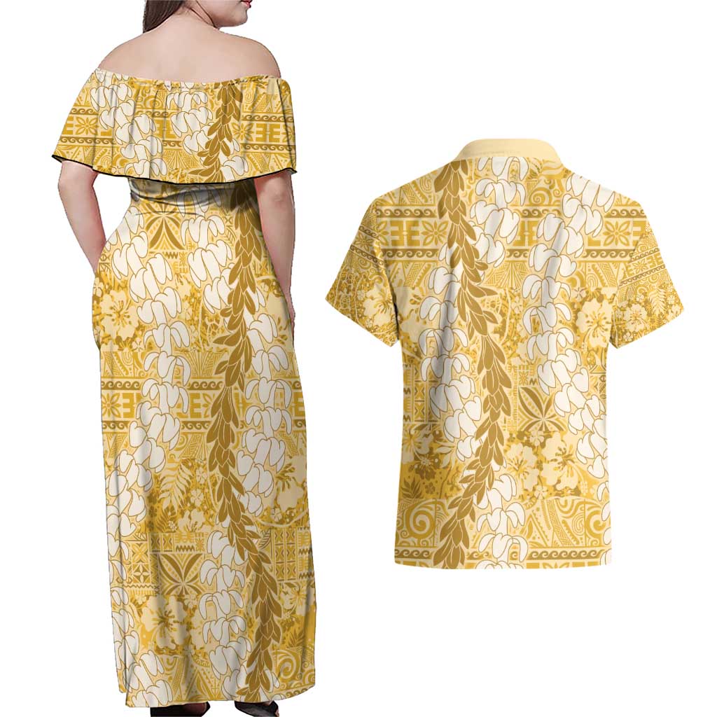 Gold Puakenikeni and Maile Lei Couples Matching Off Shoulder Maxi Dress and Hawaiian Shirt Hawaiian Style Tribal Tapa Double Strand Lei LT9 - Polynesian Pride
