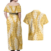 Gold Puakenikeni and Maile Lei Couples Matching Off Shoulder Maxi Dress and Hawaiian Shirt Hawaiian Style Tribal Tapa Double Strand Lei LT9 - Polynesian Pride