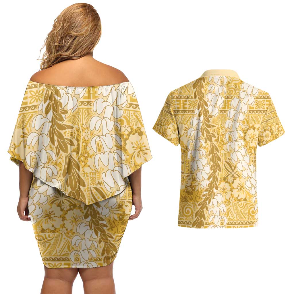 Gold Puakenikeni and Maile Lei Couples Matching Off Shoulder Short Dress and Hawaiian Shirt Hawaiian Style Tribal Tapa Double Strand Lei LT9 - Polynesian Pride