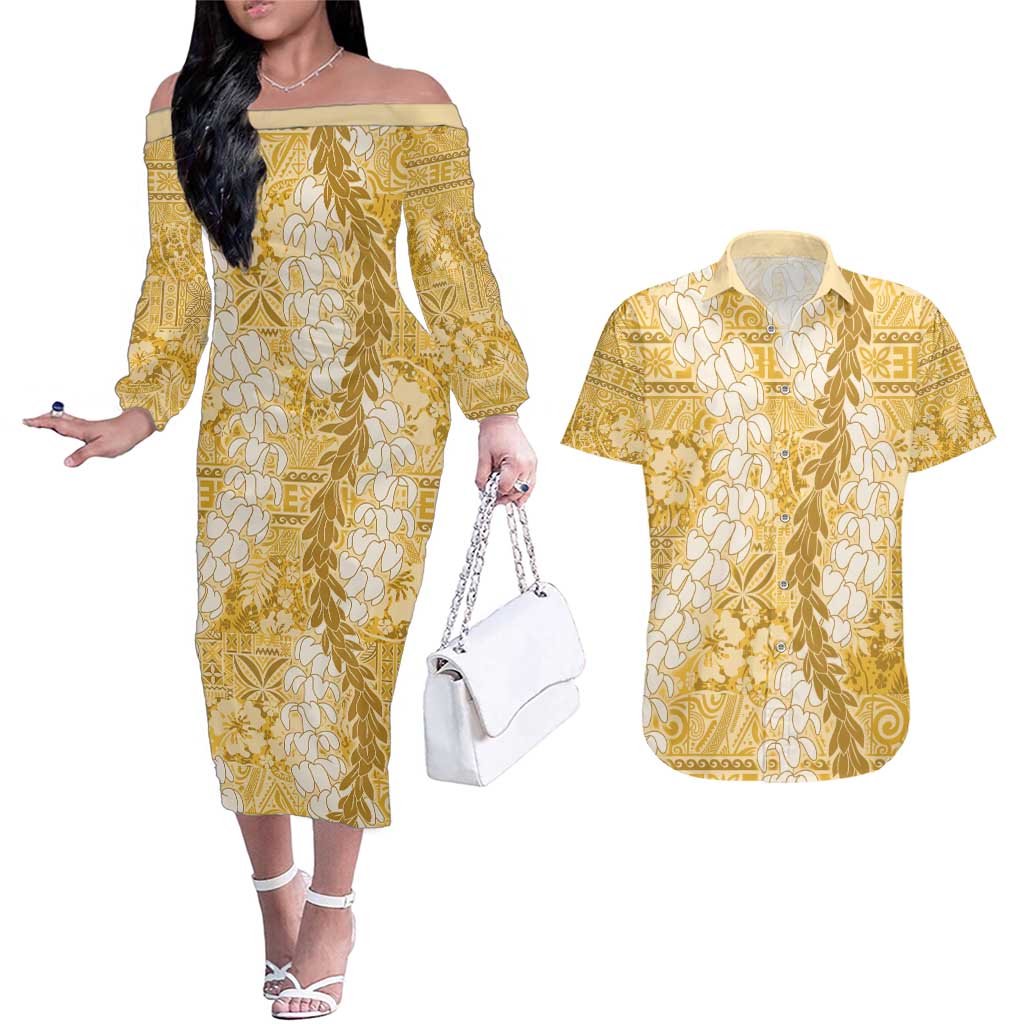 Gold Puakenikeni and Maile Lei Couples Matching Off The Shoulder Long Sleeve Dress and Hawaiian Shirt Hawaiian Style Tribal Tapa Double Strand Lei LT9 Gold - Polynesian Pride