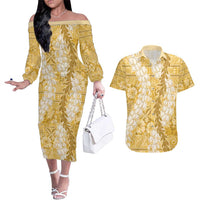 Gold Puakenikeni and Maile Lei Couples Matching Off The Shoulder Long Sleeve Dress and Hawaiian Shirt Hawaiian Style Tribal Tapa Double Strand Lei LT9 Gold - Polynesian Pride