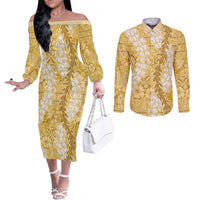 Gold Puakenikeni and Maile Lei Couples Matching Off The Shoulder Long Sleeve Dress and Long Sleeve Button Shirt Hawaiian Style Tribal Tapa Double Strand Lei LT9 Gold - Polynesian Pride