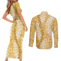 Gold Puakenikeni and Maile Lei Couples Matching Short Sleeve Bodycon Dress and Long Sleeve Button Shirt Hawaiian Style Tribal Tapa Double Strand Lei LT9 - Polynesian Pride