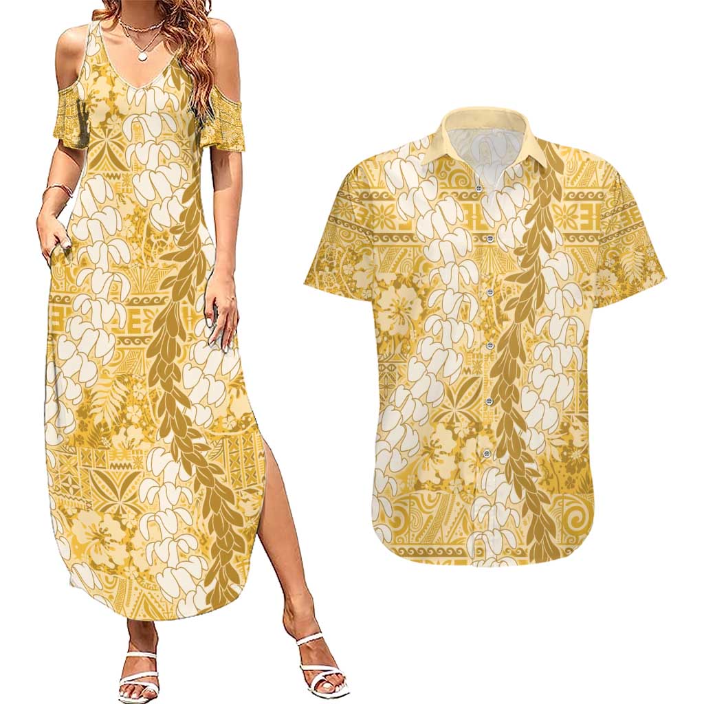 Gold Puakenikeni and Maile Lei Couples Matching Summer Maxi Dress and Hawaiian Shirt Hawaiian Style Tribal Tapa Double Strand Lei LT9 Gold - Polynesian Pride