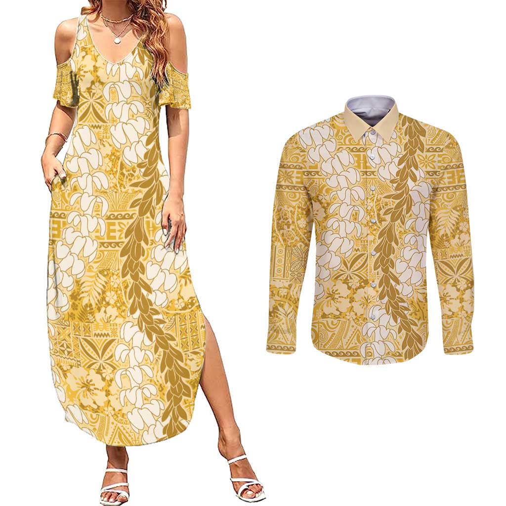 Gold Puakenikeni and Maile Lei Couples Matching Summer Maxi Dress and Long Sleeve Button Shirt Hawaiian Style Tribal Tapa Double Strand Lei LT9 Gold - Polynesian Pride