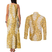 Gold Puakenikeni and Maile Lei Couples Matching Tank Maxi Dress and Long Sleeve Button Shirt Hawaiian Style Tribal Tapa Double Strand Lei LT9 - Polynesian Pride
