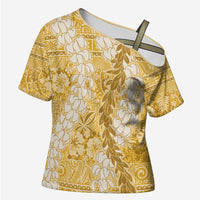Gold Puakenikeni and Maile Lei Cross Shoulder Shirt Hawaiian Style Tribal Tapa Double Strand Lei LT9 Female Gold - Polynesian Pride