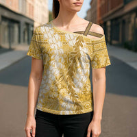 Gold Puakenikeni and Maile Lei Cross Shoulder Shirt Hawaiian Style Tribal Tapa Double Strand Lei LT9 - Polynesian Pride