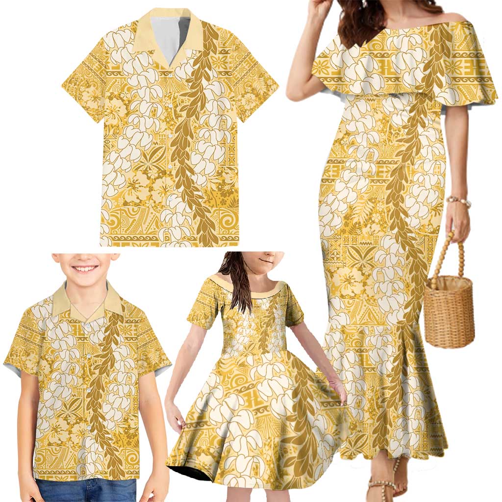 Gold Puakenikeni and Maile Lei Family Matching Mermaid Dress and Hawaiian Shirt Hawaiian Style Tribal Tapa Double Strand Lei