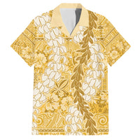 Gold Puakenikeni and Maile Lei Family Matching Off Shoulder Maxi Dress and Hawaiian Shirt Hawaiian Style Tribal Tapa Double Strand Lei LT9 Dad's Shirt - Short Sleeve Gold - Polynesian Pride