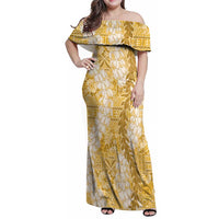 Gold Puakenikeni and Maile Lei Family Matching Off Shoulder Maxi Dress and Hawaiian Shirt Hawaiian Style Tribal Tapa Double Strand Lei LT9 Mom's Dress Gold - Polynesian Pride