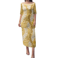 Gold Puakenikeni and Maile Lei Family Matching Puletasi and Hawaiian Shirt Hawaiian Style Tribal Tapa Double Strand Lei LT9 Mom's Dress Gold - Polynesian Pride