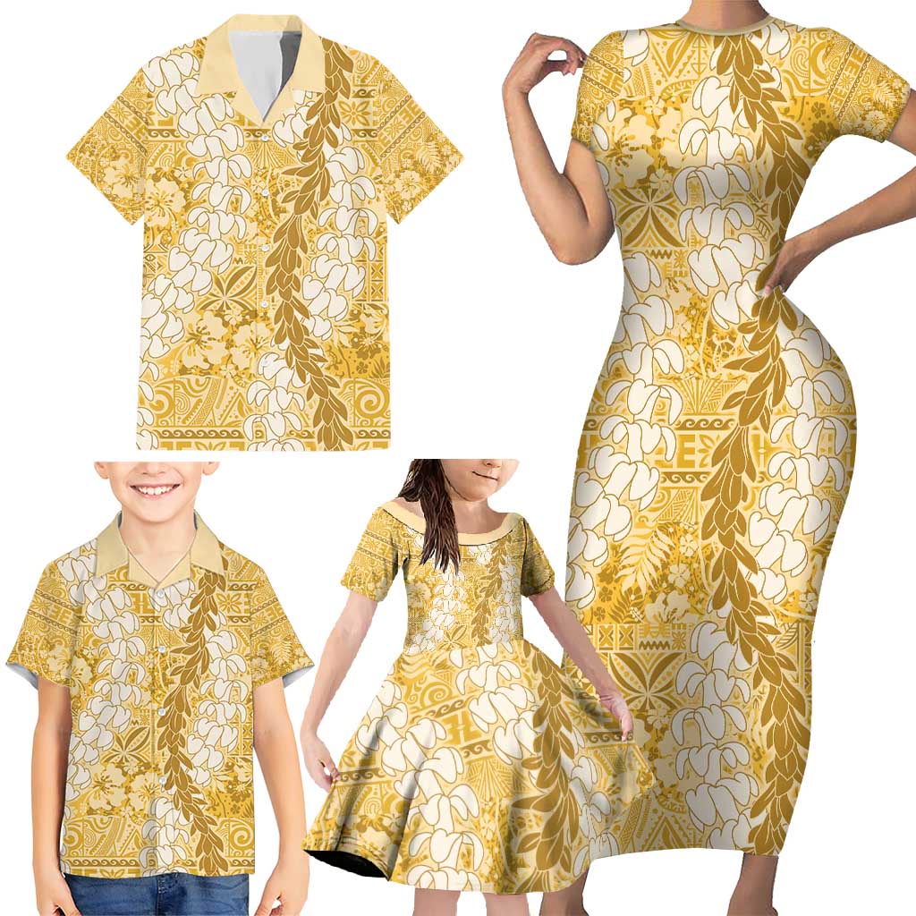 Gold Puakenikeni and Maile Lei Family Matching Short Sleeve Bodycon Dress and Hawaiian Shirt Hawaiian Style Tribal Tapa Double Strand Lei LT9 - Polynesian Pride