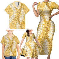 Gold Puakenikeni and Maile Lei Family Matching Short Sleeve Bodycon Dress and Hawaiian Shirt Hawaiian Style Tribal Tapa Double Strand Lei LT9 - Polynesian Pride