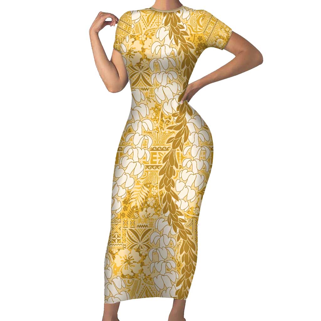 Gold Puakenikeni and Maile Lei Family Matching Short Sleeve Bodycon Dress and Hawaiian Shirt Hawaiian Style Tribal Tapa Double Strand Lei LT9 Mom's Dress Gold - Polynesian Pride