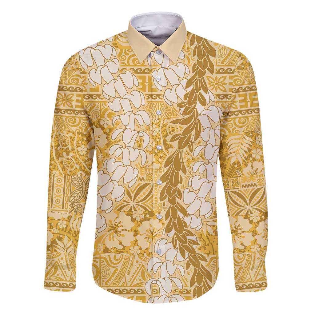 Gold Puakenikeni and Maile Lei Family Matching Summer Maxi Dress and Hawaiian Shirt Hawaiian Style Tribal Tapa Double Strand Lei LT9 Dad's Shirt - Long Sleeve Gold - Polynesian Pride