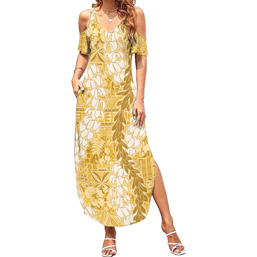 Gold Puakenikeni and Maile Lei Family Matching Summer Maxi Dress and Hawaiian Shirt Hawaiian Style Tribal Tapa Double Strand Lei LT9 Mom's Dress Gold - Polynesian Pride