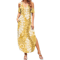 Gold Puakenikeni and Maile Lei Family Matching Summer Maxi Dress and Hawaiian Shirt Hawaiian Style Tribal Tapa Double Strand Lei LT9 Mom's Dress Gold - Polynesian Pride
