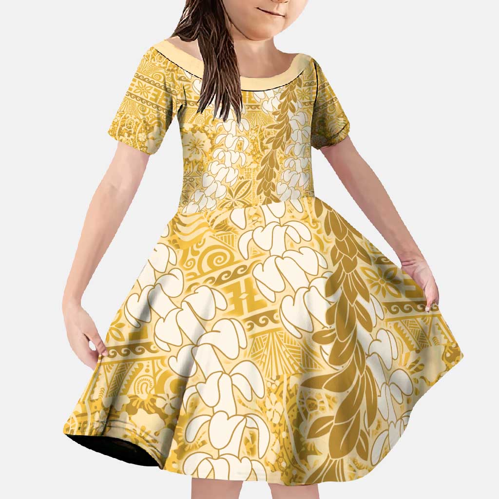 Gold Puakenikeni and Maile Lei Family Matching Tank Maxi Dress and Hawaiian Shirt Hawaiian Style Tribal Tapa Double Strand Lei LT9 Daughter's Dress Gold - Polynesian Pride