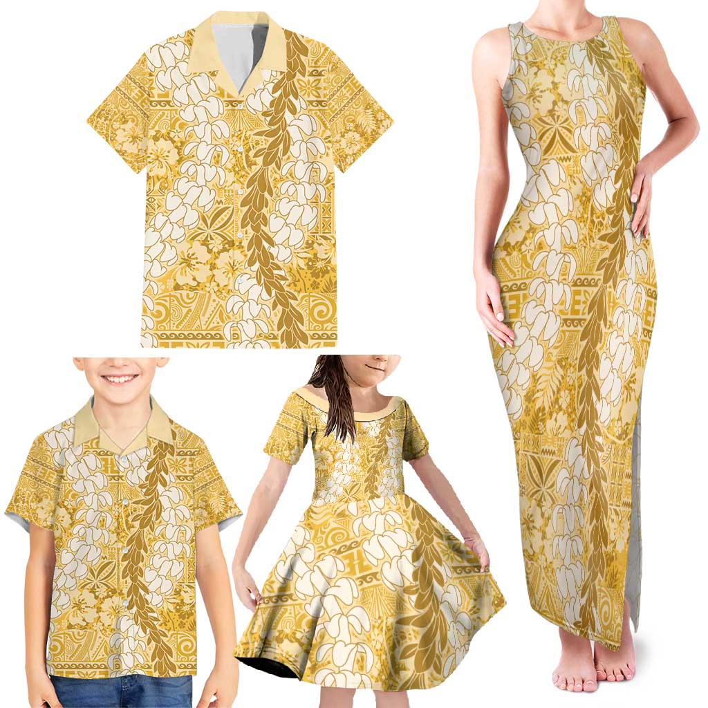 Gold Puakenikeni and Maile Lei Family Matching Tank Maxi Dress and Hawaiian Shirt Hawaiian Style Tribal Tapa Double Strand Lei LT9 - Polynesian Pride