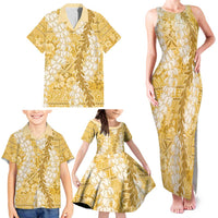 Gold Puakenikeni and Maile Lei Family Matching Tank Maxi Dress and Hawaiian Shirt Hawaiian Style Tribal Tapa Double Strand Lei LT9 - Polynesian Pride