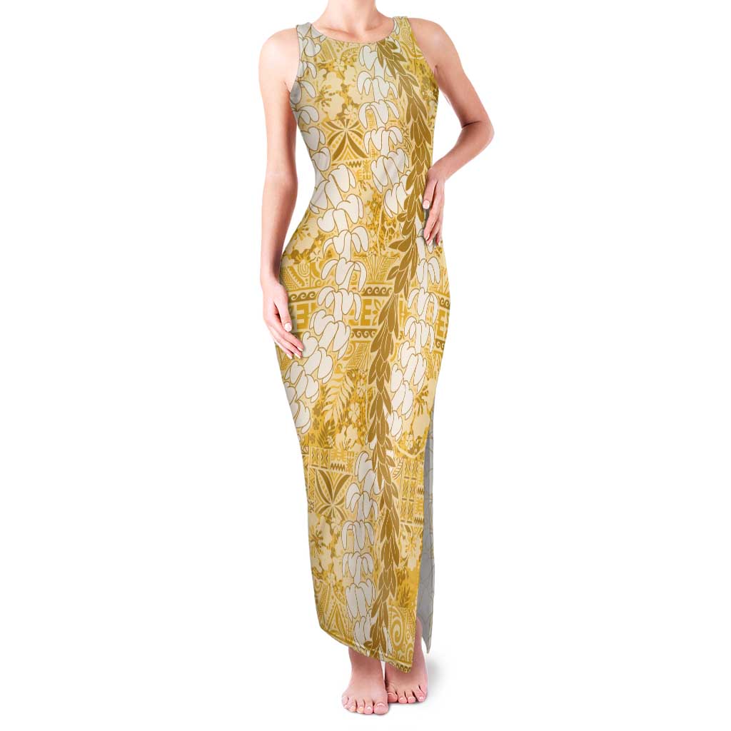 Gold Puakenikeni and Maile Lei Family Matching Tank Maxi Dress and Hawaiian Shirt Hawaiian Style Tribal Tapa Double Strand Lei LT9 Mom's Dress Gold - Polynesian Pride