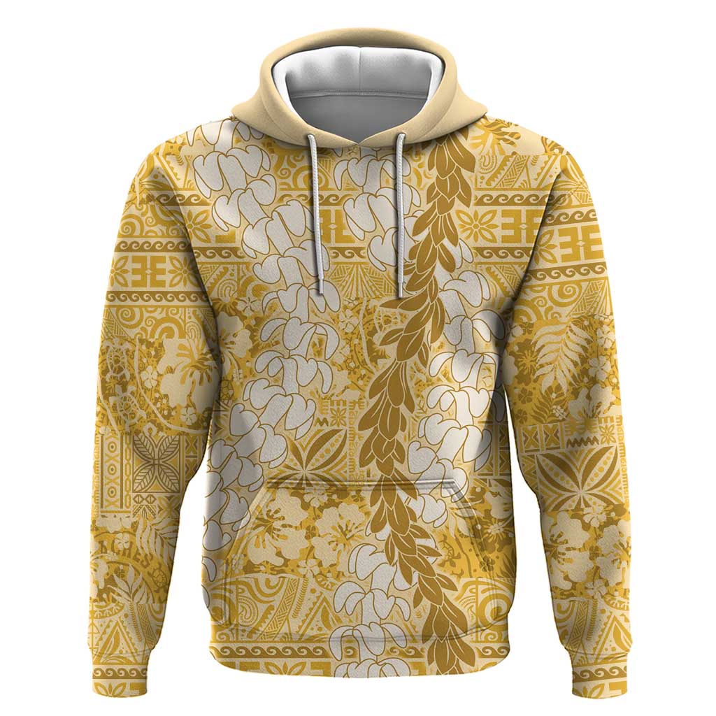 Gold Puakenikeni and Maile Lei Hoodie Hawaiian Style Tribal Tapa Double Strand Lei LT9 Pullover Hoodie Gold - Polynesian Pride