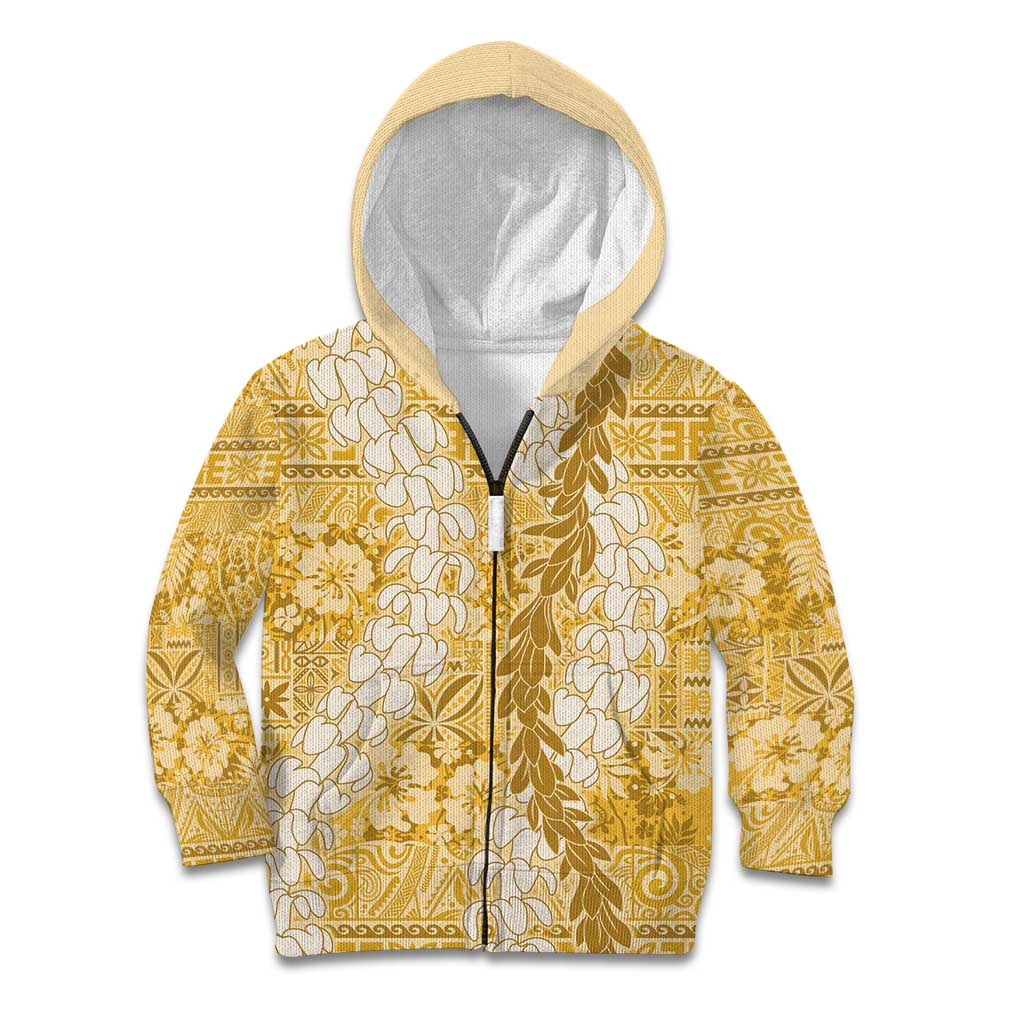 Gold Puakenikeni and Maile Lei Kid Hoodie Hawaiian Style Tribal Tapa Double Strand Lei LT9 Zip Hoodie Gold - Polynesian Pride