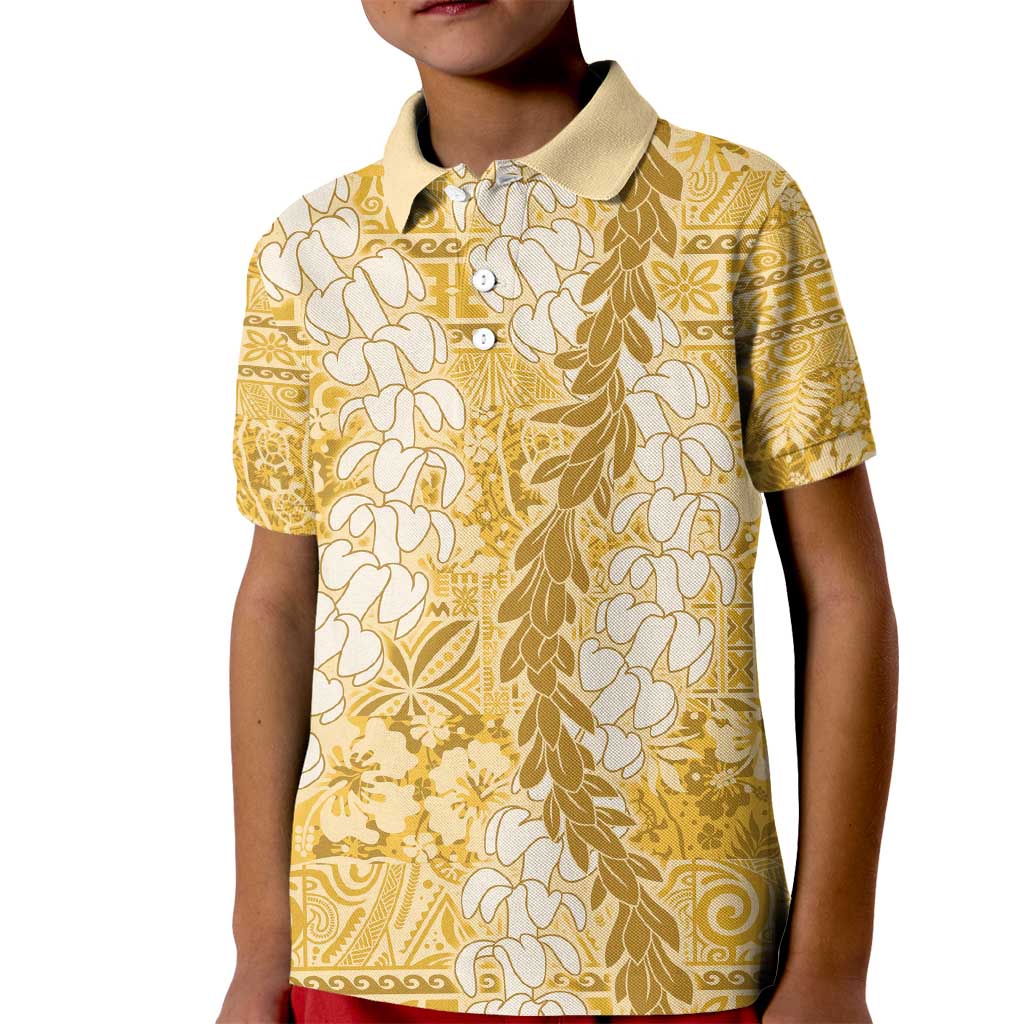 Gold Puakenikeni and Maile Lei Kid Polo Shirt Hawaiian Style Tribal Tapa Double Strand Lei LT9 Kid Gold - Polynesian Pride