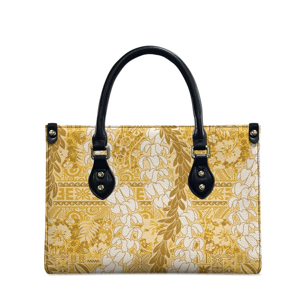 Gold Puakenikeni and Maile Lei Leather Bag Hawaiian Style Tribal Tapa Double Strand Lei - Polynesian Pride
