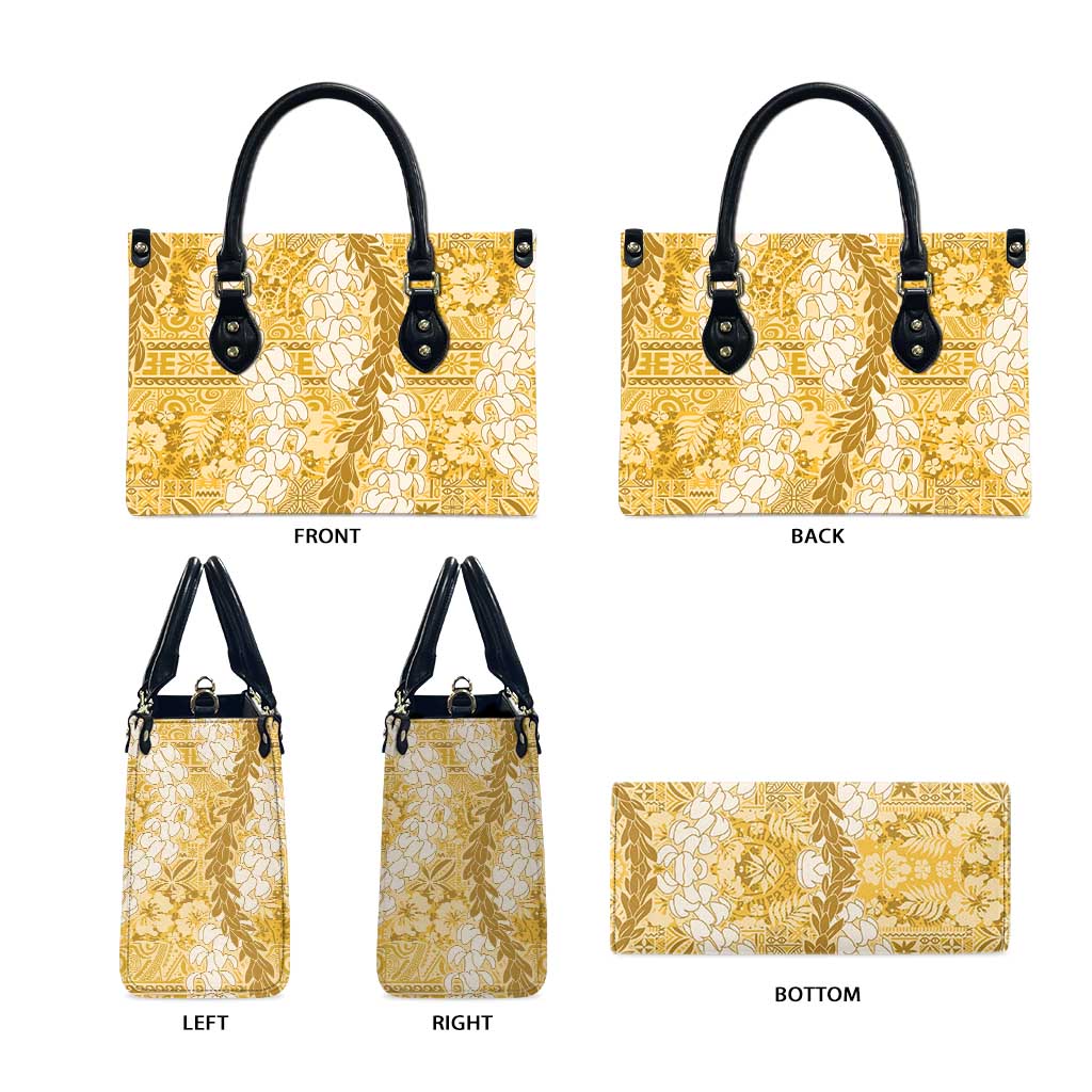 Gold Puakenikeni and Maile Lei Leather Bag Hawaiian Style Tribal Tapa Double Strand Lei - Polynesian Pride