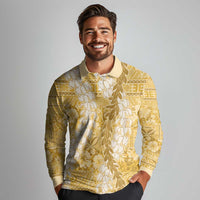 Gold Puakenikeni and Maile Lei Long Sleeve Polo Shirt Hawaiian Style Tribal Tapa Double Strand Lei LT9 - Polynesian Pride